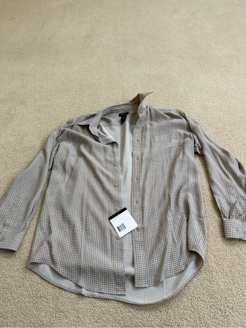Claiborne Light Beige Grid-Pattern Long Sleeve Shirt